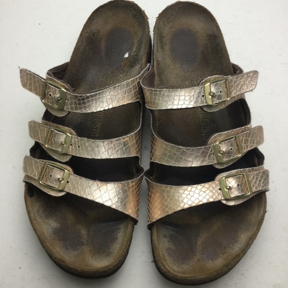 Birkenstock Florida Gold Snake Embossed 3 Strap Sandals Size 11 - Picture 2 of 12